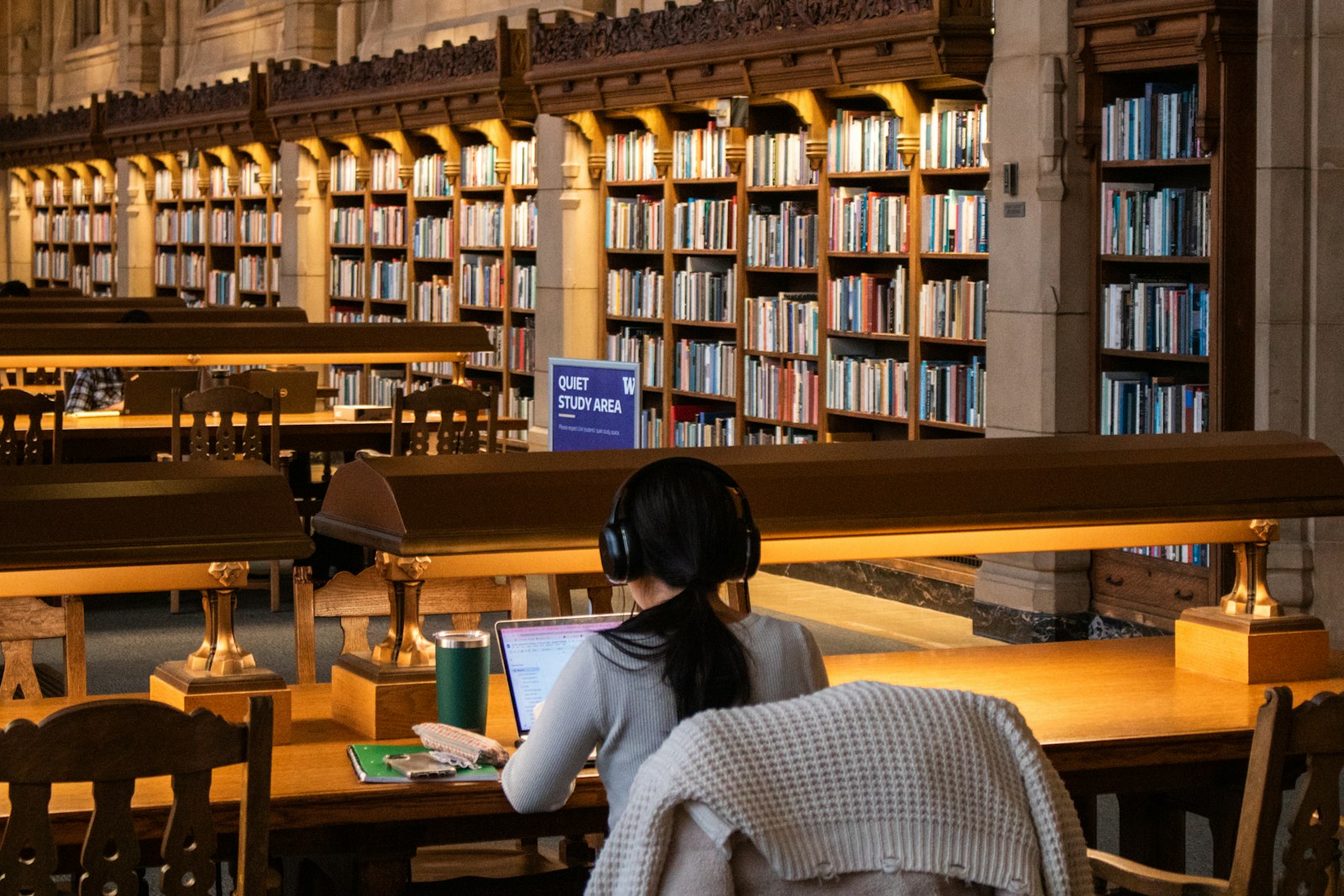 天井まで本棚が並ぶ図書館で、ひとり机に向かう人の後ろ姿